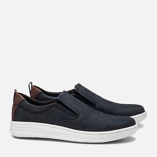 Sapatênis Slip On sem Amarração Feito em Couro Nobuk Selaria Calce Prático Palmilha Anatômica Conforto Masculino Milano Anil/coffe 13426