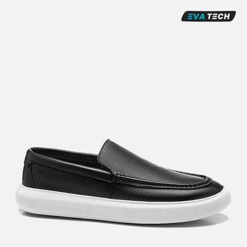 Sapato Casual Mocassim Esporte Fino Sola Alta sem Amarração Feito em Couro Rústico Calce Prático Palmilha Anatômica Masculino Milano Preto 13640