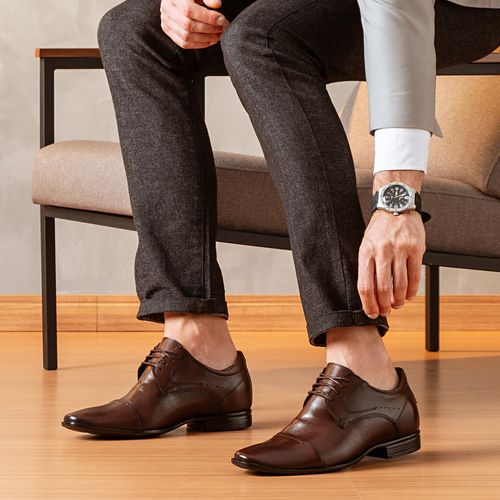 Sapato Social Derby com Amarração Linha Elevel Aumenta Altura Fique + Alto Sapato Elevação +6cm Couro Premium Napa Romana Masculino Milano Preto 12522