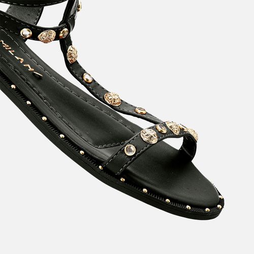 Sandália Rasteiras Gladiadora Tachas Spike Pirâmide Tiras Finas Feminino Milano Preto 13517
