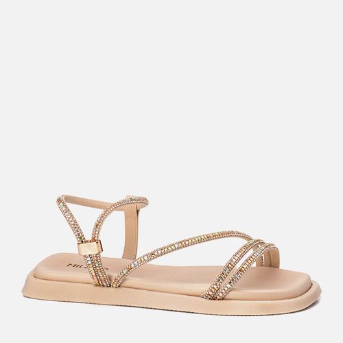 Sandália Papete Fechada Palmilha Quadrada Anatômica Brilho em Mix de Pedrarias em Cristais e Strass com Calce Prático Feminino Milano Amendoa 14074