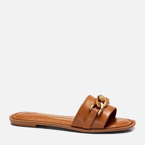 Sandália Rasteira Aberta Estilo Boho com Tira Slide e Maxi Corrente Feminino Milano Caramelo 14257