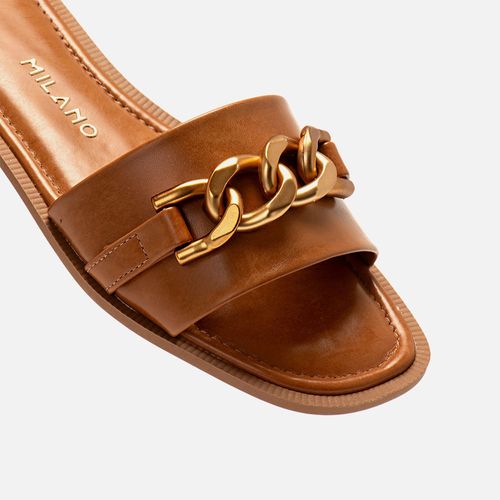 Sandália Rasteira Aberta Estilo Boho com Tira Slide e Maxi Corrente Feminino Milano Caramelo 14257
