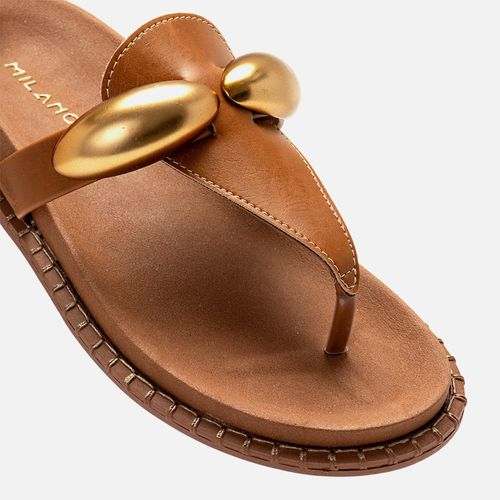 Sandália Papete Aberta Estilo Boho Tira Dividindo Dedos Peça Orgânica Dourada Fosca Bico de Crochê Feminino Milano Caramelo 14261
