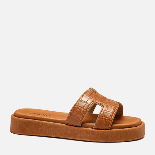 Sandália Papete com Sola Alta Palmilha Anatômica e Tira Slide H com Textura Croco Feminino Milano Caramelo 14253