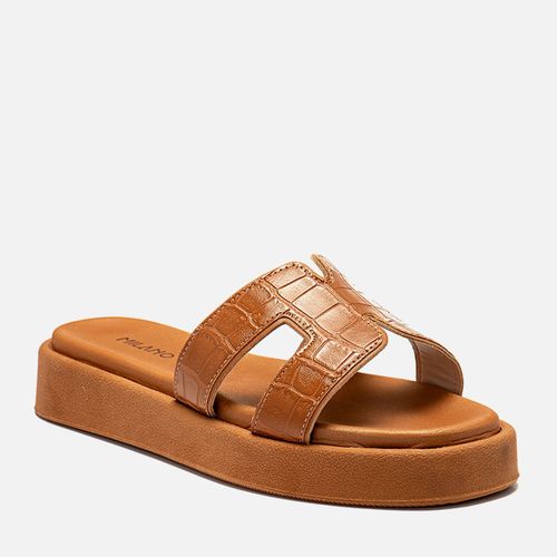 Sandália Papete com Sola Alta Palmilha Anatômica e Tira Slide H com Textura Croco Feminino Milano Caramelo 14253
