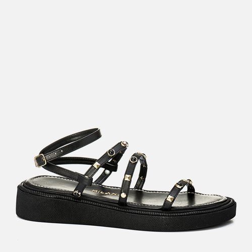 Sandália Papete Sola Alta Estilo Boho Metal de Tachas ou Studs tipo Spike de Pirâmide e Pedrarias Resina Feminino Milano Preto 14079