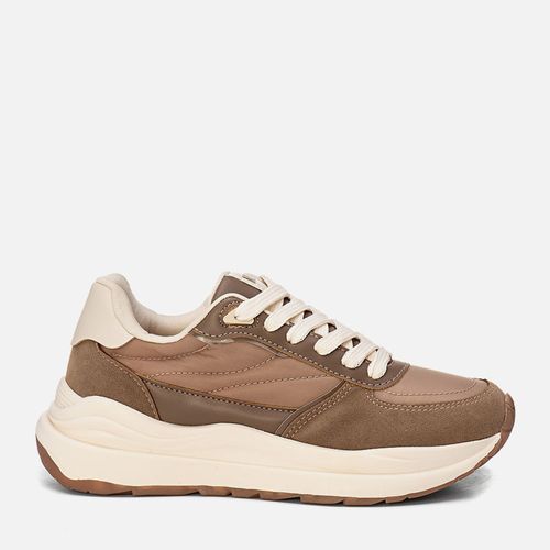 Tênis Visual Esportivo Robusto tipo Daddy Sneaker ou Chuncky Sola Alta Bicolor Recortes e Mix de Materiais Feminino Milano Taupe 14139