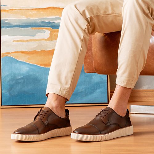 Sapato Casual Derby Esporte Fino com Amarração Feito em Couro Macio Napa Soft Sola Alta Masculino Milano Dark Whisky 13647