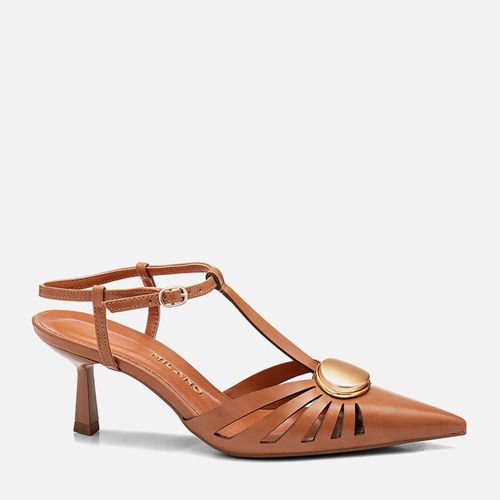 Scarpin Fechado Salto Médio Taça Peça Metalizada Formato Orgânico Feminino Milano Caramelo 14327