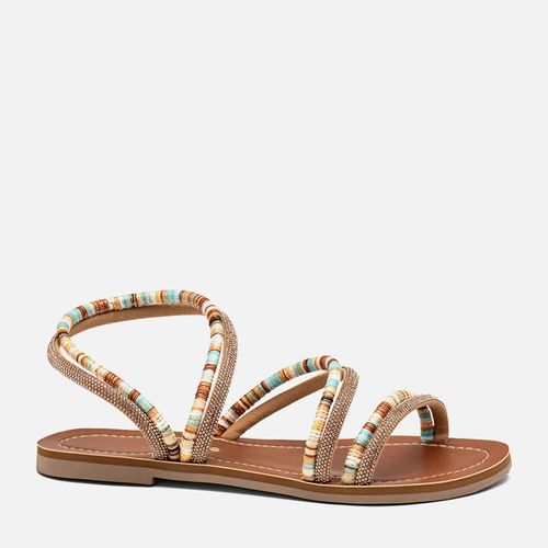 Sandália Rasteira Tiras Brilho Manta de Strass e Corda Tramada Multicolorida  Feminino Milano Caramelo 14503