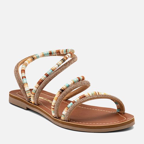 Sandália Rasteira Tiras Brilho Manta de Strass e Corda Tramada Multicolorida  Feminino Milano Caramelo 14503