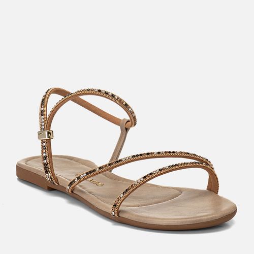 Sandália Rasteira com Brilho Mix de Pedrarias e Strass Feminino Milano Areia 13265