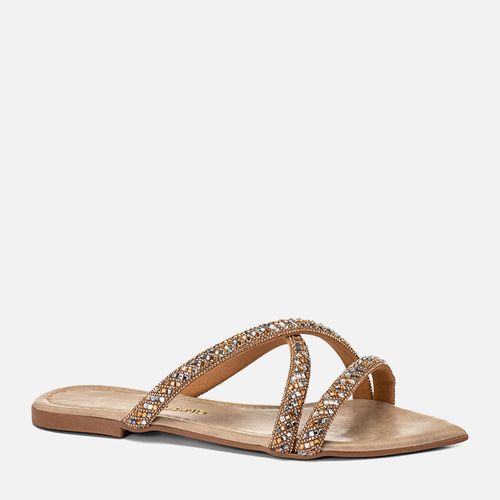 Sandália Rasteira Bico Folha Tiras Brilho Manta de Strass Feminino Milano Areia 14530