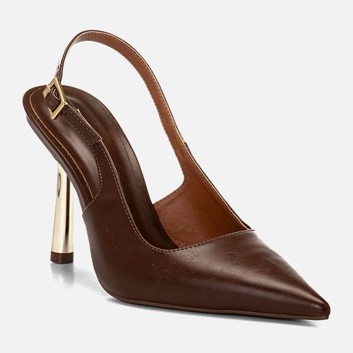 Scarpin Aberto Slingback Salto Metalizado Bico Fino Feminino Milano Marrom 14561