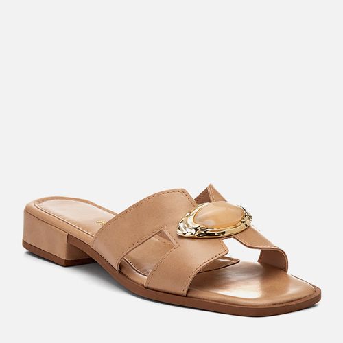 Sandália Tamanco Aberta Salto Bloco Baixo Tira H Pedraria Resina Jóia  Feminino Milano Nude 14373