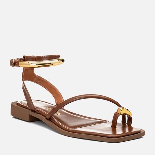 Sandália Salto Bloco Baixo Ring Toe Peça Metalizada Formato Orgânico Feminino Milano Caramelo 14372