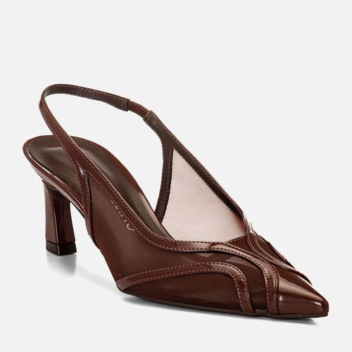 Scarpin Slingback Salto Médio Geométrico Tela Transparência Verniz Feminino Milano Marrom 14719