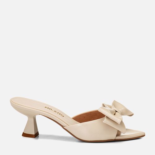 Sandália Tamanco Salto Médio Flare Bico Folha Maxi Laço Feminino Milano Off White 14109