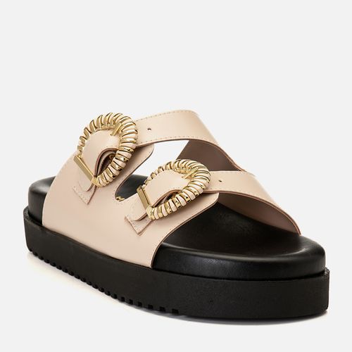 Sandália Papete Plataforma Alta Tratorada Fivela Bicolo Folk Feminino Milano Off White 14925