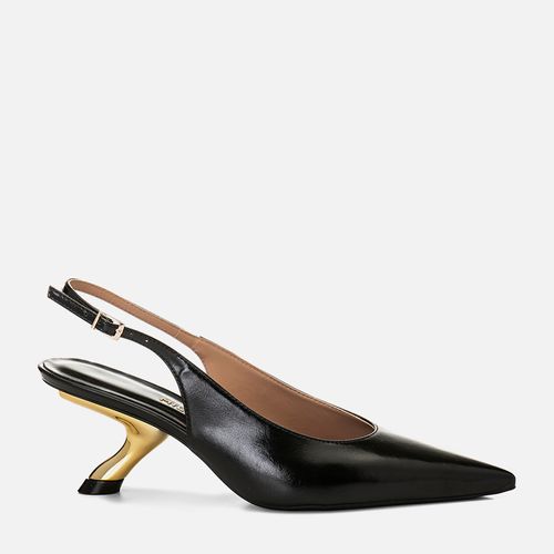 Scarpin Slingback Salto Médio Escultural Cromado Metalizado Feminino Milano Preto 15012