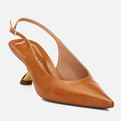 Scarpin Slingback Salto Médio Escultural Cromado Metalizado Feminino Milano Caramelo 15012