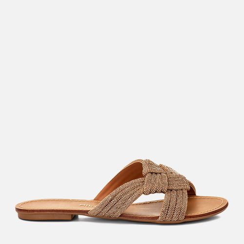 Rasteira Flat Tiras Cruzadas com Brilhos Bico Redondo Feminino Milano Ouro 15032